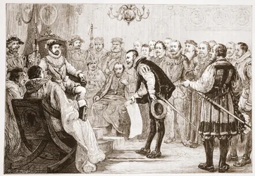 De protestantse prinsen presenteren hun belijdenis aan Karel, illustratie uit De Geschiedenis van het Protestantisme door James Aitken Wylie, 1878