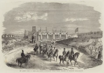 Het Bezoek van de Koningin aan Leeds, Hare Majesteit passeert de Zondagschoolkinderen op Woodhouse Moor (gravure)