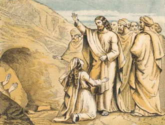 De opwekking van Lazarus (gekleurde gravure)