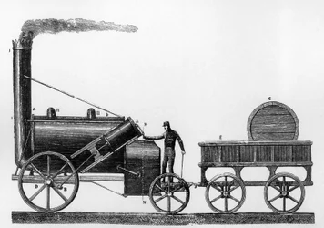 De Rocket, stoomlocomotief ontworpen en gebouwd door George en Robert Stephenson in 1829 voor de spoorlijn Liverpool-Manchester