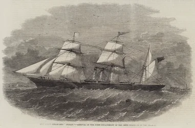 De Schroefstoomboot "Indian," Aankomst van het Eerste Detachement van het 100e Regiment in de Mersey (gravure)