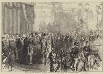 De sjah in Parijs, ontvangst bij de Arc de Triomphe door de prefect van de Seine en de gemeenteraad (gravure)