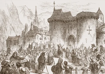 De schijnpelgrims bij de poort van Genève, illustratie uit De Geschiedenis van het Protestantisme door James Aitken Wylie, gepubliceerd in 1878