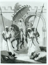 De sultan van Marokko komt naar buiten om audiëntie te geven, uit Reizen door Frankrijk en Spanje naar Marokko door Maurice Keatinge, gepubliceerd 1817