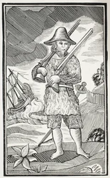 Het verrassende leven en de meest vreemde avonturen van Robinson Crusoe uit de stad York, zeeman, illustratie uit Chap-books van de achttiende eeuw door John Ashton, uitgegeven 1882