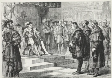 De drie protestantse ambassadeurs voor keizer Karel, illustratie uit De Geschiedenis van het Protestantisme door James Aitken Wylie, 1878