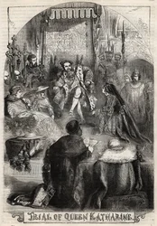 Het proces van koningin Catherine van Aragon in 1529, de eerste vrouw van Hendrik VIII, wiens huwelijk met de koning werd geannuleerd - Gravure uit 