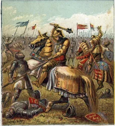 De Oorlog van de Twee Rozen (1455-1485): Slag tussen het Koninklijk Huis van York en het Koninklijk Huis van Lancaster. Illustratie van de Engelse Burgeroorlog ontstaan door de verdeling van de opvolgers van Koning Edward III (1327-1377) in twee takken.