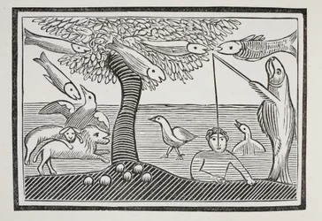 Het waterwonder, of vissen heren van de schepping, illustratie uit Chap-books van de achttiende eeuw door John Ashton, uitgegeven 1882