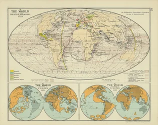 De wereld bij het Verdrag van Saragossa (kleurenlitho)