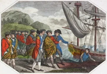 De jonge pretendent na zijn nederlaag bij Culloden die naar Frankrijk vertrekt (gekleurde gravure)