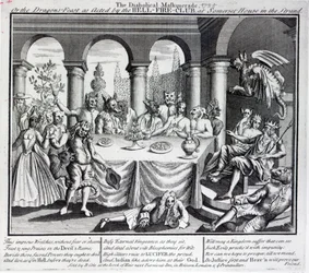 Het duivelse masker, of het drakenfeest zoals uitgevoerd door de Hell-Fire-Club, in Somerset House in de Strand, c.1721