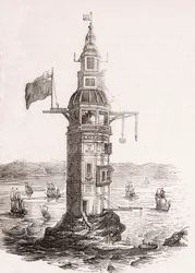 De eerste vuurtoren gebouwd op Eddystone Rocks, Plymouth, Devon, Engeland
