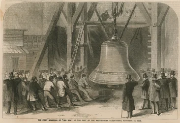 Het eerste luiden van Big Ben aan de voet van de Westminster klokkentoren
