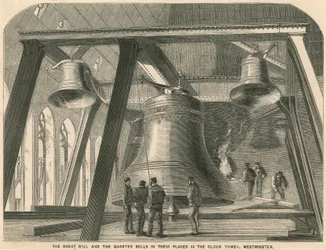 De grote klok en de kwartklokken op hun plaats in de klokkentoren, Westminster