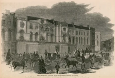 De verlichting ter viering van de verjaardag van Hare Majesteit - scène in Regent Street, Londen