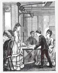 De instrumenten voor het verzenden van berichten bij het Post Office Telegraph Headquarters, Telegraph Street, Londen, uit The Graphic, 1871