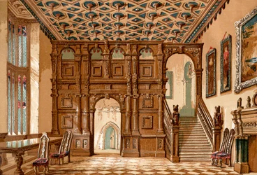 Het interieur van Methley Hall, Yorkshire, Engeland voor de sloop in 1963, uit Old England: A Pictorial Museum, uitgegeven 1847