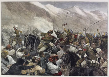 De laatste Afghaanse oorlog: de dood van majoor Wigram Battye in de slag bij Futtehabad op 30 april (gekleurde gravure)