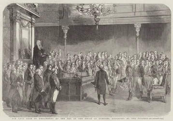 De overleden Hertog van Wellington aan de balie van het Lagerhuis, toegesproken door de voorzitter