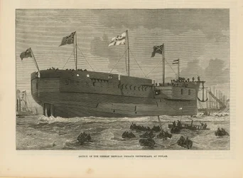 De lancering van de Duitse gepantserde fregat Deutschland