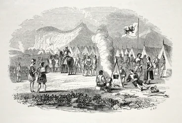 De ontmoeting van de Noord- en Zuid-Welshe stamhoofden bij de Breiddyn Hills, op weg naar Bosworth-veld, 19e eeuw