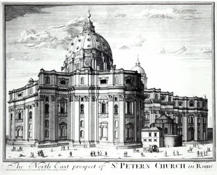 Het noordoostelijke uitzicht van de St. Pieterkerk, Rome, gegraveerd door H. Hulfbergh