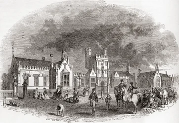 De oude Bedford School, herbouwd aan het eind van de 19e eeuw, uit Old England: A Pictorial Museum, pub. 1847