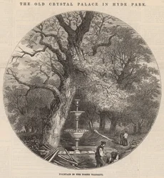 Het oude Crystal Palace in Hyde Park: fontein in de noordelijke transept