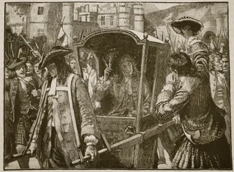 De mensen van Edinburgh begeleiden de hertog van Hamilton naar Holyrood Palace, illustratie uit Cassells Geïllustreerde Geschiedenis van Engeland