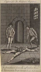 De straf die vroeger werd opgelegd aan degenen die weigerden te pleiten op een aanklacht (gravure)