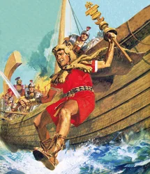 De vaandeldrager van het 10e legioen leidt de aanval op Brits grondgebied