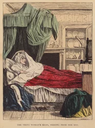 Het hoofd van de piepkleine vrouw, glurend vanuit haar bed