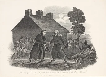 De onverwachte ontmoeting van Lord Wellington en Blucher bij La Belle Alliance, uitgegeven door T Kelly, 1811