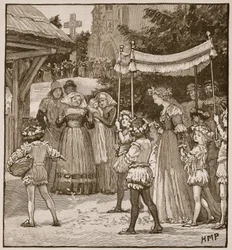 De bruiloft van Jack van Newbury: de bruidstoet, illustratie uit Cassells Geïllustreerde Geschiedenis van Engeland