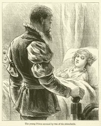 De jonge prins gewekt door een van zijn bedienden (gravure)