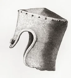 Dertiende eeuws Cilindrische Platte Helm met Neusbeschermer, opgegraven bij Montgomery Castle in 1841, uit The British Army: Its Origins, Progress and Equipment, gepubliceerd 1868.