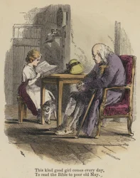 Dit aardige goede meisje komt elke dag, Om de Bijbel voor te lezen aan de arme oude May