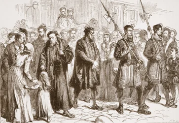 Thomas Bilney op weg naar de brandstapel, illustratie uit 