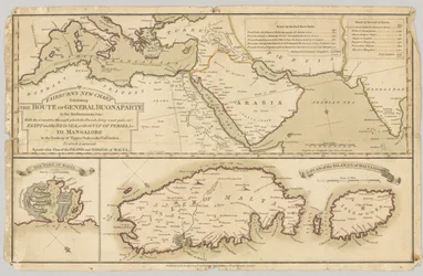 Drie gedrukte gekleurde kaarten: Fairburns nieuwe kaart met de route van generaal Bonaparte in de Middellandse Zee, 1798