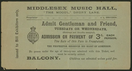 Ticket voor het Middlesex Music Hall, The Mogul, Drury Lane, Londen