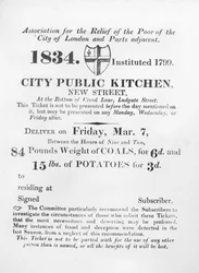 Ticket uitgegeven aan de armen om kolen en aardappelen te ontvangen van de Stadskeuken, New Street, Londen, 1834