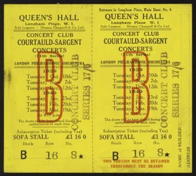 Ticket voor de Courtauld-Sargent concerten, Queens Hall, Langham Place, Londen, 1939-1940