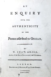Titelpagina voor An enquiry into the authenticity of the poems ascribed to Ossian door William Shaw, gepubliceerd 1781