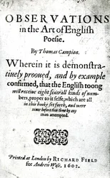 Titelpagina voor Observations in the Art of English Poesie door Thomas Campion, gepubliceerd 1602