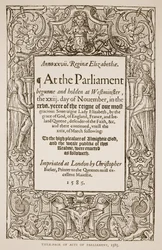 Titelpagina van Acts of Parliament, gedrukt door Christopher Barker, 1585