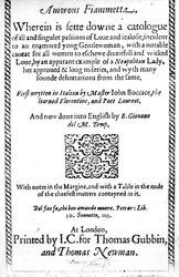 Titelpagina van Amorous Fiammetta door Giovanni Boccaccio, Engelse vertaling gepubliceerd in 1587