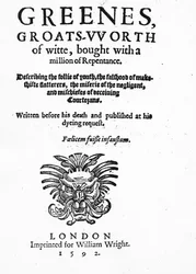 Titelpagina van Greenes Groats-Worth of Wit, toegeschreven aan Robert Greene, gepubliceerd in 1592