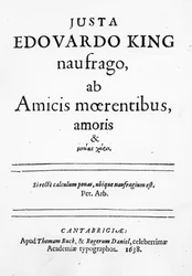 Titelpagina van Justa Edouardo King naufrago ab Amicis moerentibus, amoris & ..., gepubliceerd in 1638 (prent)