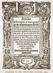 Titelpagina van de Negenendertig Artikelen, 1571, illustratie uit De Kerk van Engeland: Een Geschiedenis voor het Volk door H.D.M. Spence-Jones